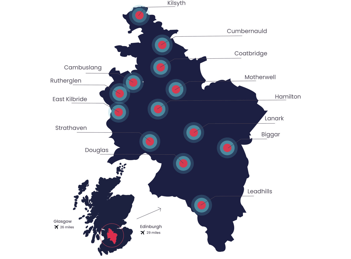 Map of some towns in North and South Lanarkshire